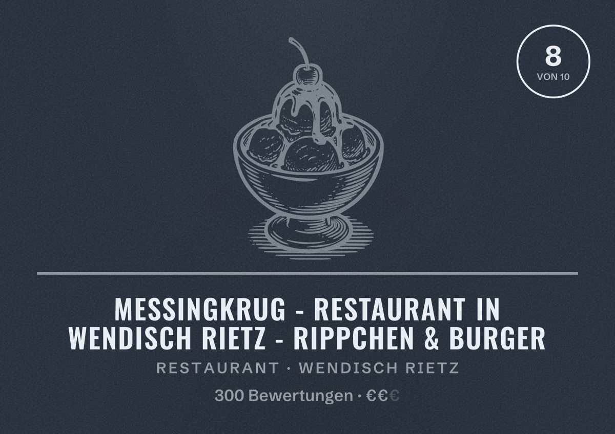Illustriertes Poster von Messingkrug - Restaurant in Wendisch Rietz - Rippchen & Burger, Restaurant in Wendisch Rietz: Bewertung 8 von 10 aus 300 Bewertungen, Preisniveau €€