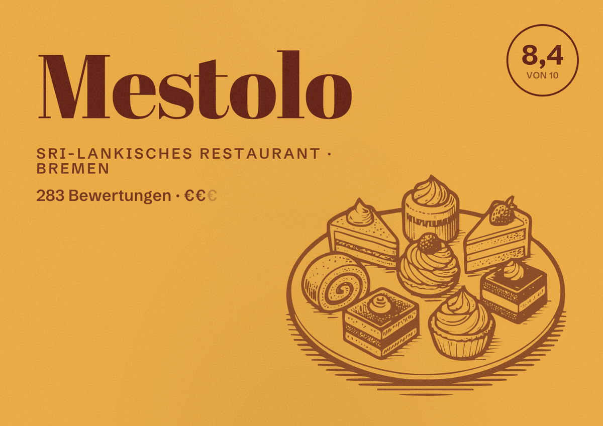 Illustriertes Poster von Mestolo, Sri-Lankisches Restaurant in Bremen: Bewertung 8,4 von 10 aus 283 Bewertungen, Preisniveau €€