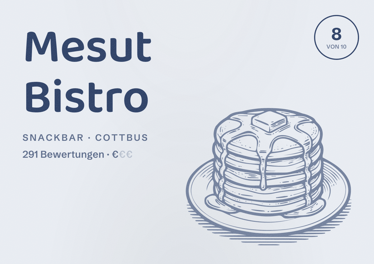 Illustriertes Poster von Mesut Bistro, Snackbar in Cottbus: Bewertung 8 von 10 aus 291 Bewertungen, Preisniveau €