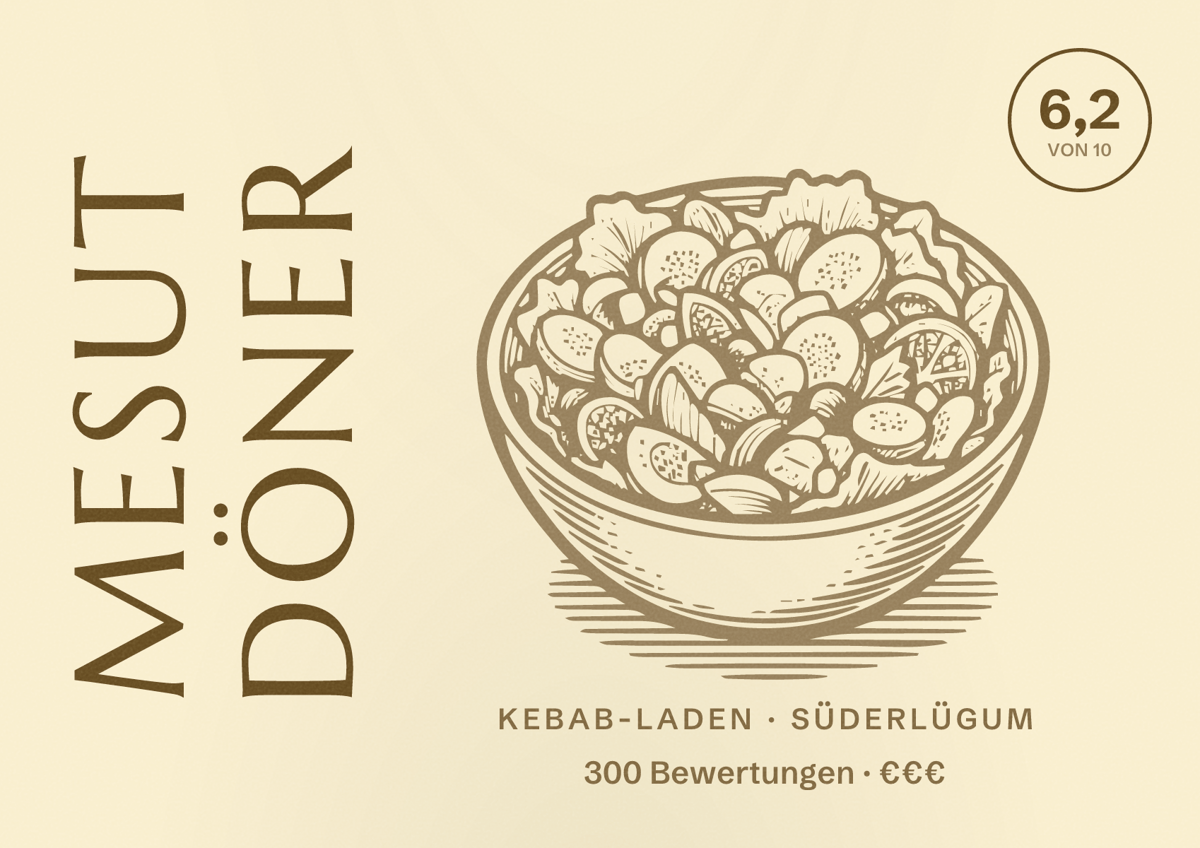 Illustriertes Poster von Mesut Döner, Kebab-Laden in Süderlügum: Bewertung 6,2 von 10 aus 300 Bewertungen, Preisniveau €€€