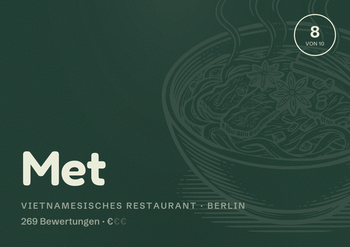 Illustriertes Poster von Met, Vietnamesisches Restaurant in Berlin: Bewertung 8 von 10 aus 269 Bewertungen, Preisniveau €