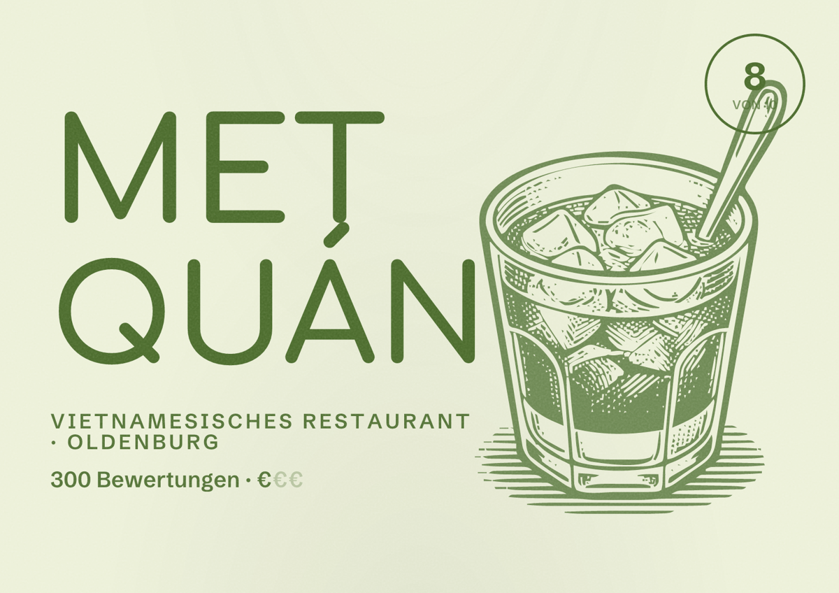 Illustriertes Poster von Met Quán, Vietnamesisches Restaurant in Oldenburg: Bewertung 8,0 von 10 aus 300 Bewertungen, Preisniveau €