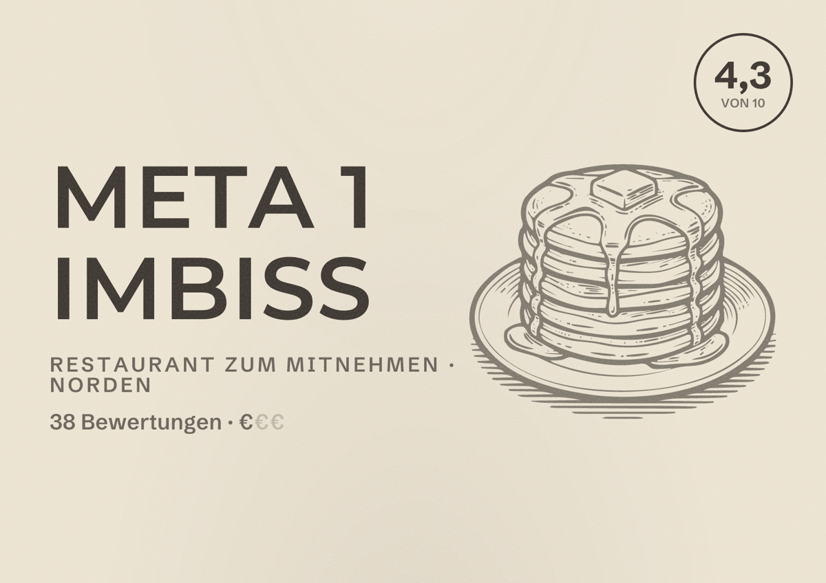 Illustriertes Poster von Meta 1 Imbiss, Restaurant zum Mitnehmen in Norden: Bewertung 4,3 von 10 aus 38 Bewertungen, Preisniveau €