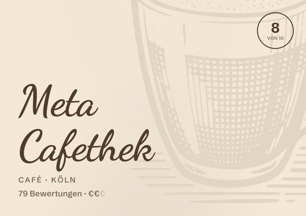Illustriertes Poster von Meta Cafethek, Café in Köln: Bewertung 8 von 10 aus 79 Bewertungen, Preisniveau €€