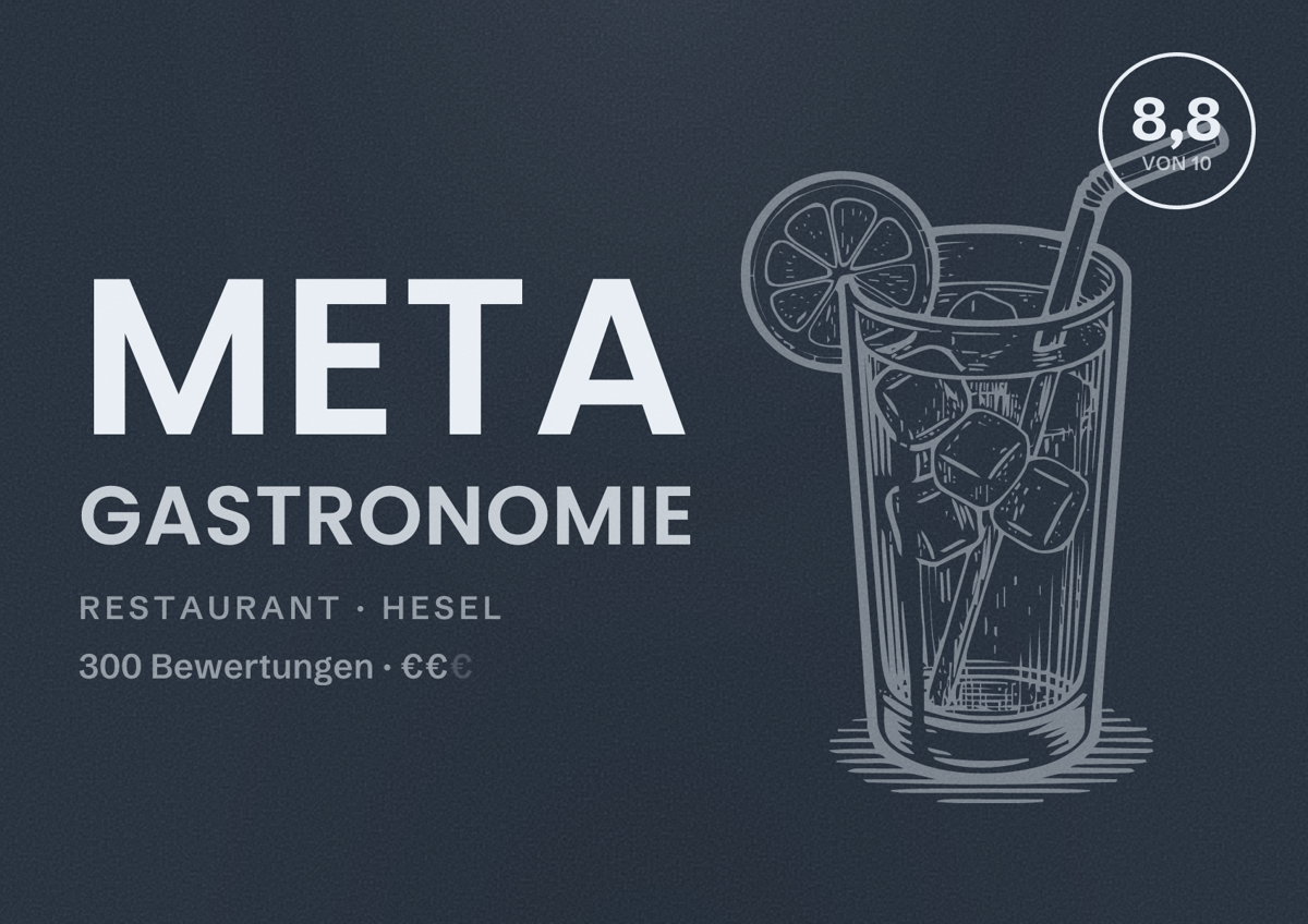 Illustriertes Poster von Meta Gastronomie, Restaurant in Hesel: Bewertung 8,8 von 10 aus 300 Bewertungen, Preisniveau €€