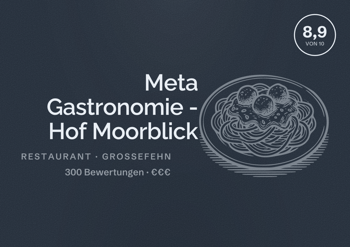 Illustriertes Poster von Meta Gastronomie - Hof Moorblick, Restaurant in Großefehn: Bewertung 8,9 von 10 aus 300 Bewertungen, Preisniveau €€€