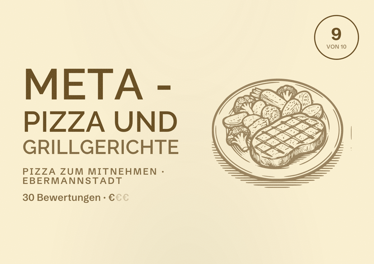 Illustriertes Poster von Meta - Pizza und Grillgerichte, Pizza zum Mitnehmen in Ebermannstadt: Bewertung 9 von 10 aus 30 Bewertungen, Preisniveau €
