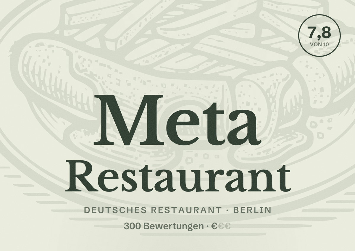 Illustriertes Poster von Meta Restaurant, Deutsches Restaurant in Berlin: Bewertung 7,8 von 10 aus 300 Bewertungen, Preisniveau €
