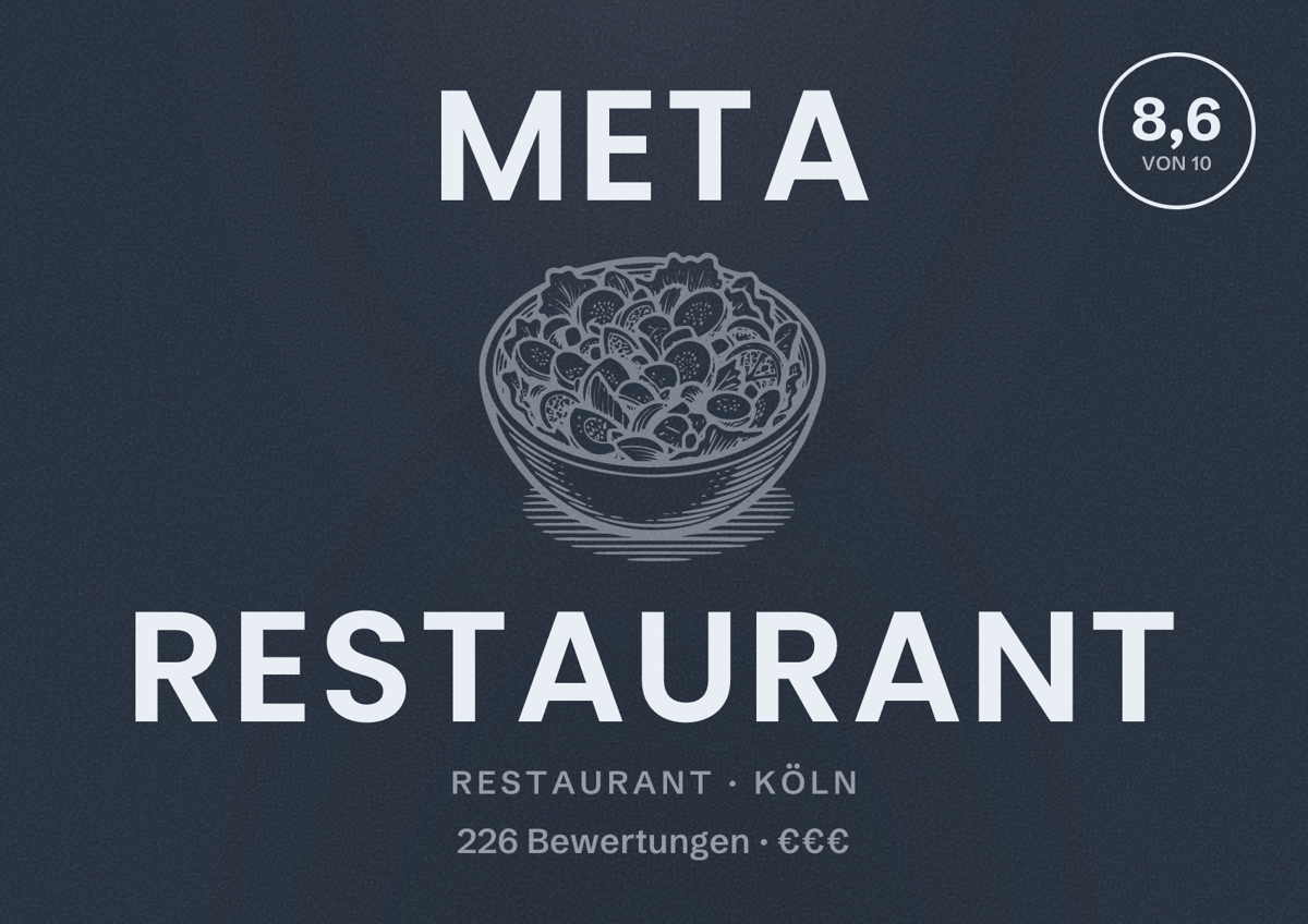 Illustriertes Poster von META Restaurant, Restaurant in Köln: Bewertung 8,6 von 10 aus 226 Bewertungen, Preisniveau €€€
