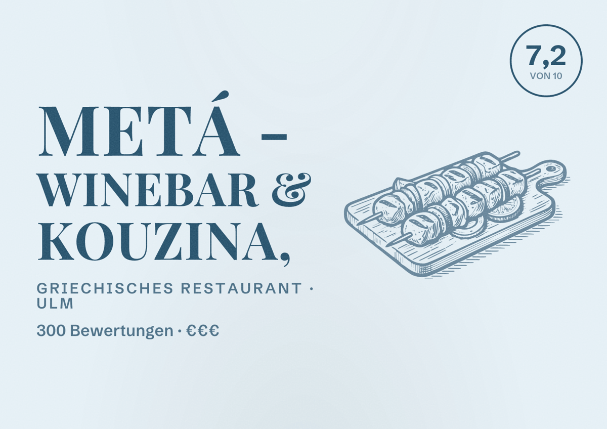 Illustriertes Poster von Metá - Winebar & Kouzina,, Griechisches Restaurant in Ulm: Bewertung 7,2 von 10 aus 300 Bewertungen, Preisniveau €€€