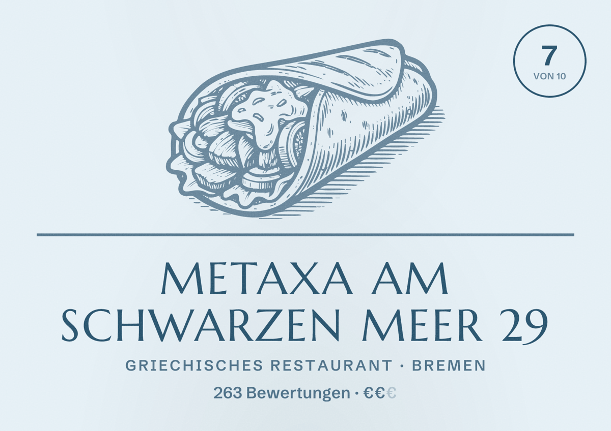 Illustriertes Poster von METAXA am Schwarzen Meer 29, Griechisches Restaurant in Bremen: Bewertung 7 von 10 aus 263 Bewertungen, Preisniveau €€