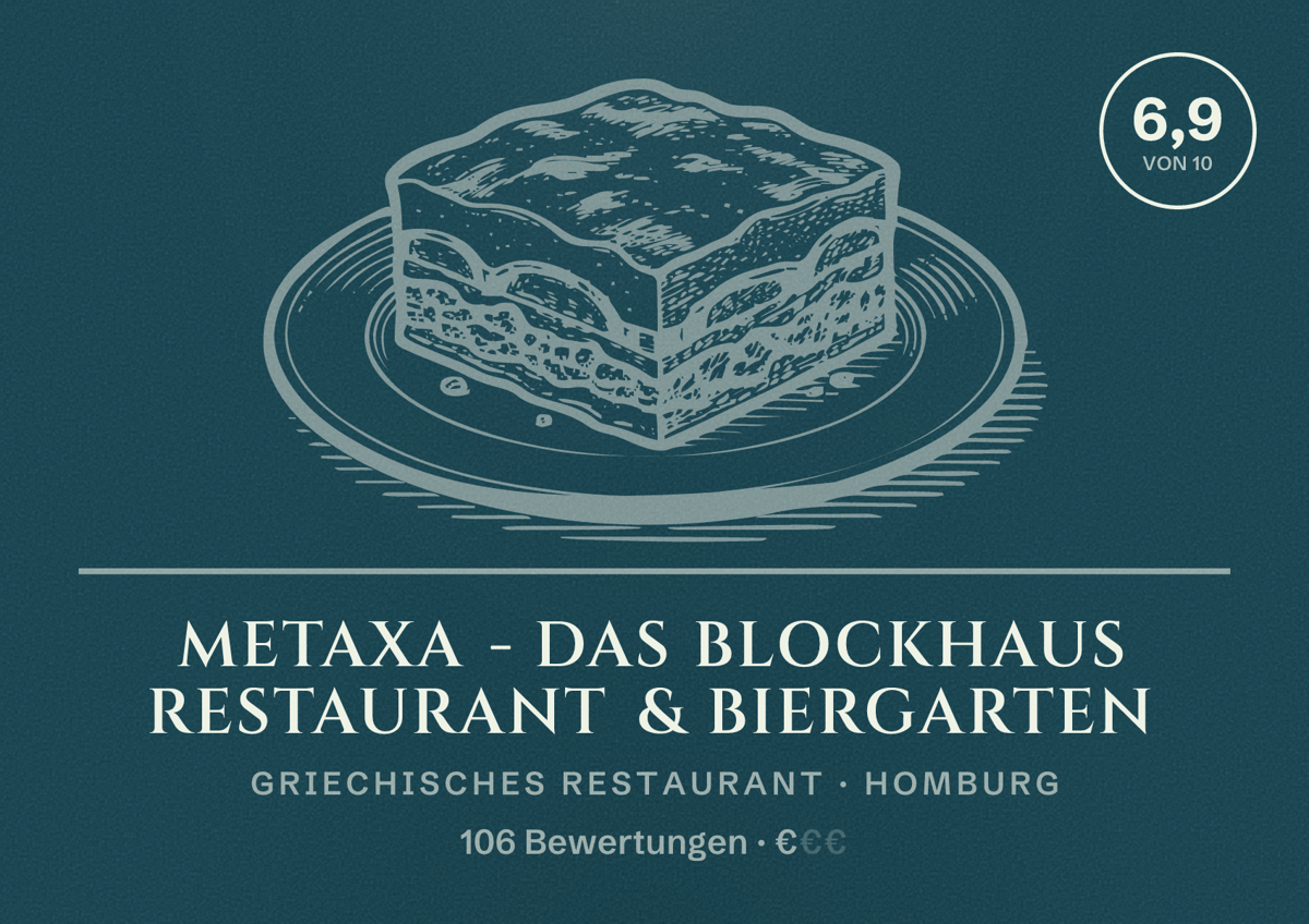 Illustriertes Poster von METAXA - DAS BLOCKHAUS Restaurant & Biergarten, Griechisches Restaurant in Homburg: Bewertung 6,9 von 10 aus 106 Bewertungen, Preisniveau €