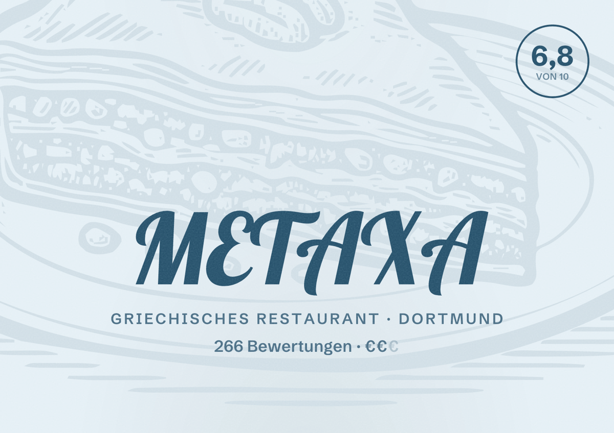 Illustriertes Poster von METAXA, Griechisches Restaurant in Dortmund: Bewertung 6,8 von 10 aus 266 Bewertungen, Preisniveau €€