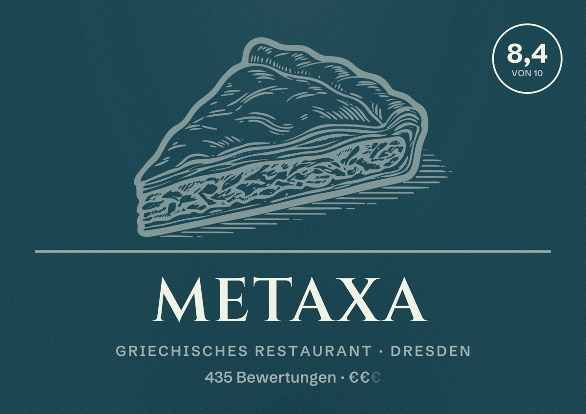 Illustriertes Poster von Metaxa, Griechisches Restaurant in Dresden: Bewertung 8,4 von 10 aus 435 Bewertungen, Preisniveau €€