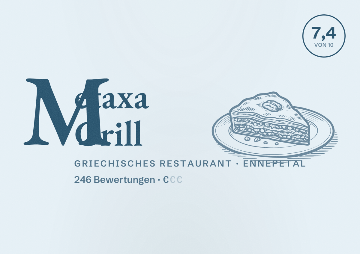 Illustriertes Poster von Metaxa Grill, Griechisches Restaurant in Ennepetal: Bewertung 7,4 von 10 aus 246 Bewertungen, Preisniveau €