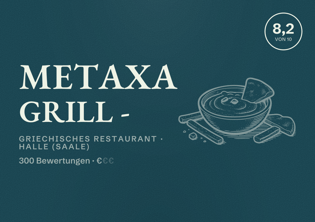 Illustriertes Poster von Metaxa Grill -, Griechisches Restaurant in Halle (Saale): Bewertung 8,2 von 10 aus 300 Bewertungen, Preisniveau €