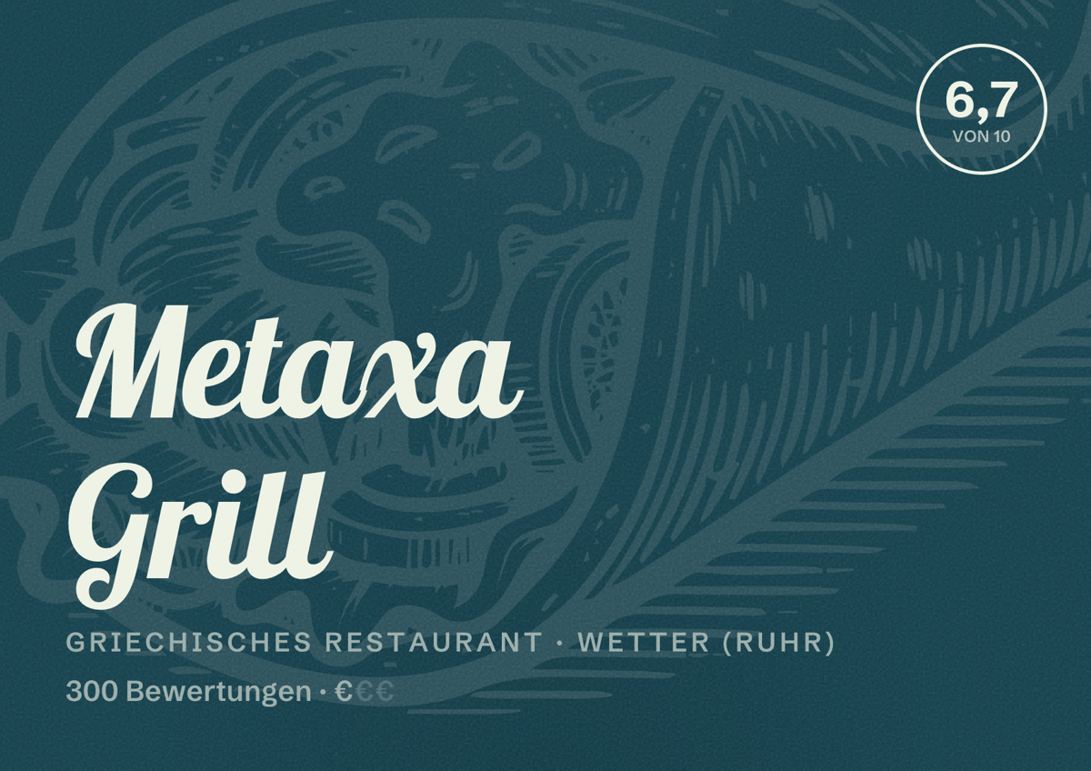Illustriertes Poster von Metaxa Grill, Griechisches Restaurant in Wetter (Ruhr): Bewertung 6,7 von 10 aus 300 Bewertungen, Preisniveau €
