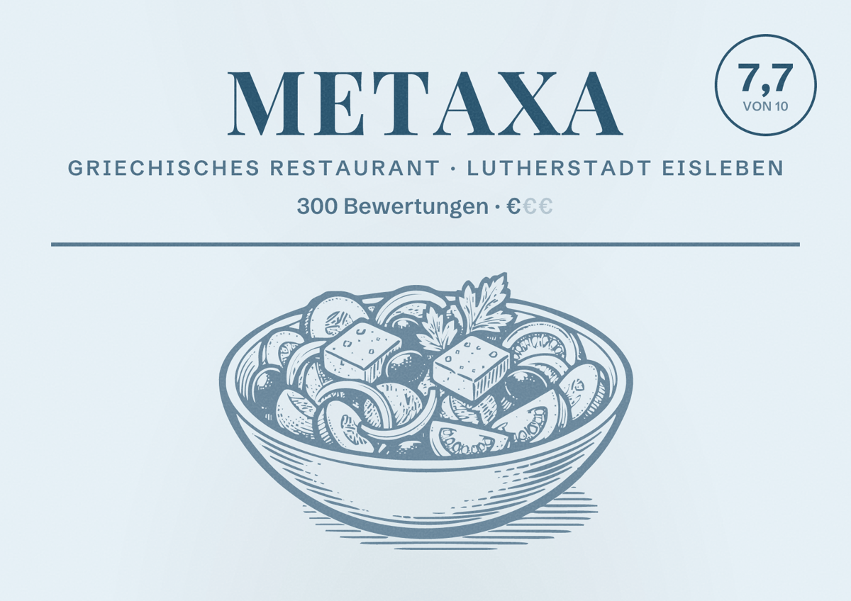 Illustriertes Poster von Metaxa, Griechisches Restaurant in Lutherstadt Eisleben: Bewertung 7,7 von 10 aus 300 Bewertungen, Preisniveau €