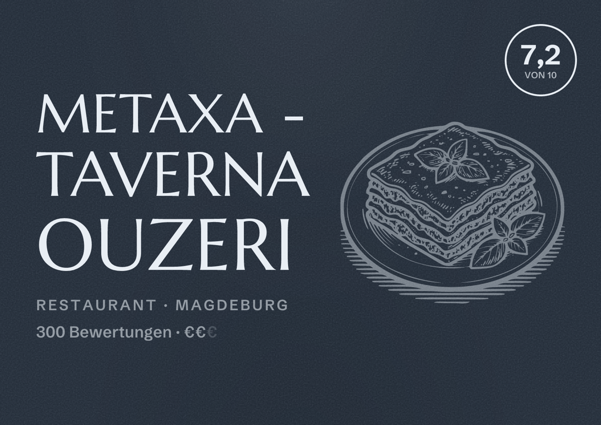 Illustriertes Poster von Metaxa - Taverna Ouzeri, Restaurant in Magdeburg: Bewertung 7,2 von 10 aus 300 Bewertungen, Preisniveau €€