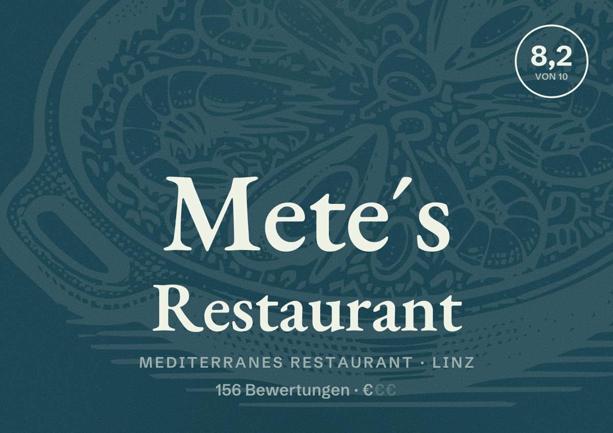 Illustriertes Poster von Mete´s Restaurant, Mediterranes Restaurant in Linz: Bewertung 8,2 von 10 aus 156 Bewertungen, Preisniveau €
