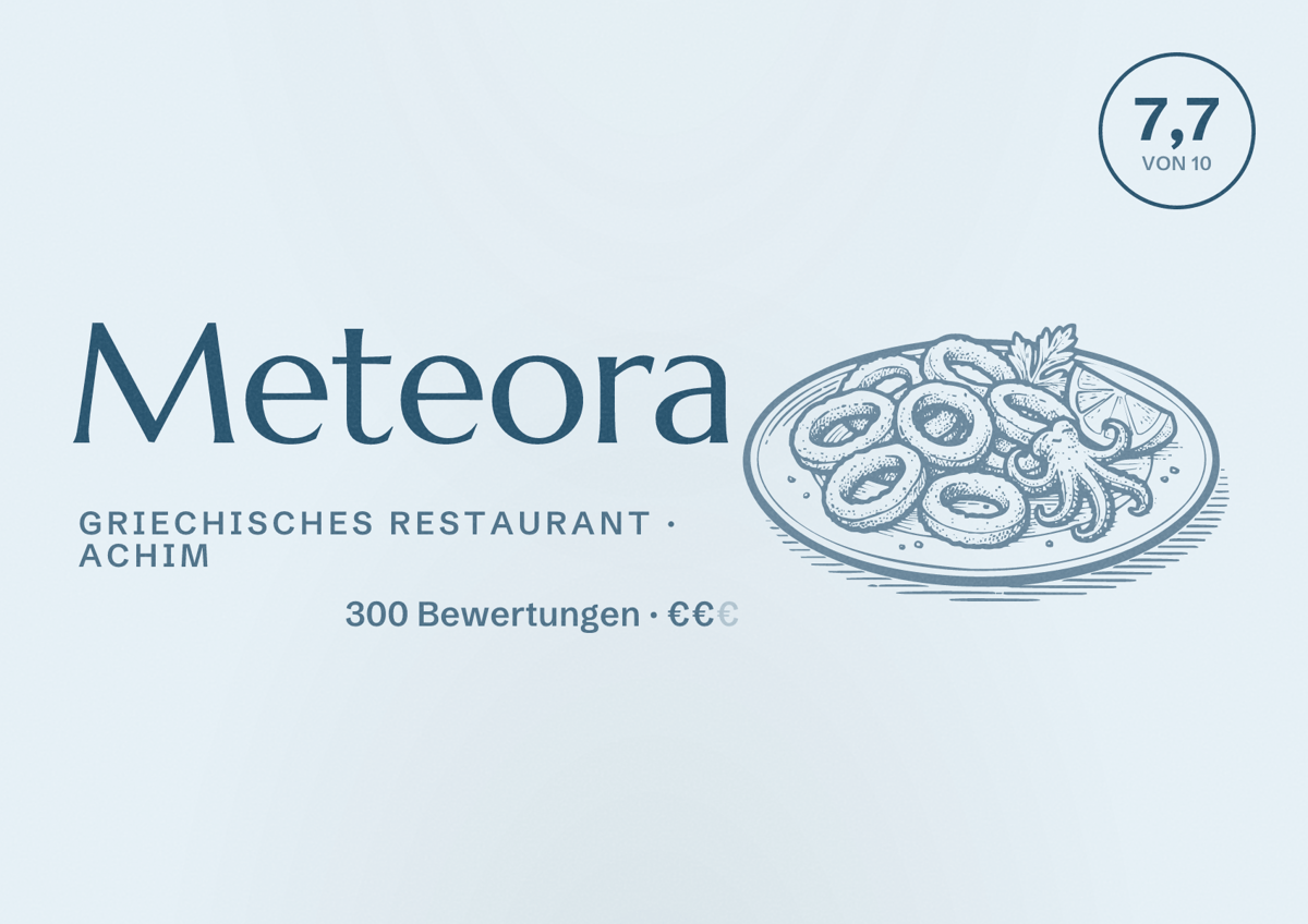 Illustriertes Poster von Meteora, Griechisches Restaurant in Achim: Bewertung 7,7 von 10 aus 300 Bewertungen, Preisniveau €€