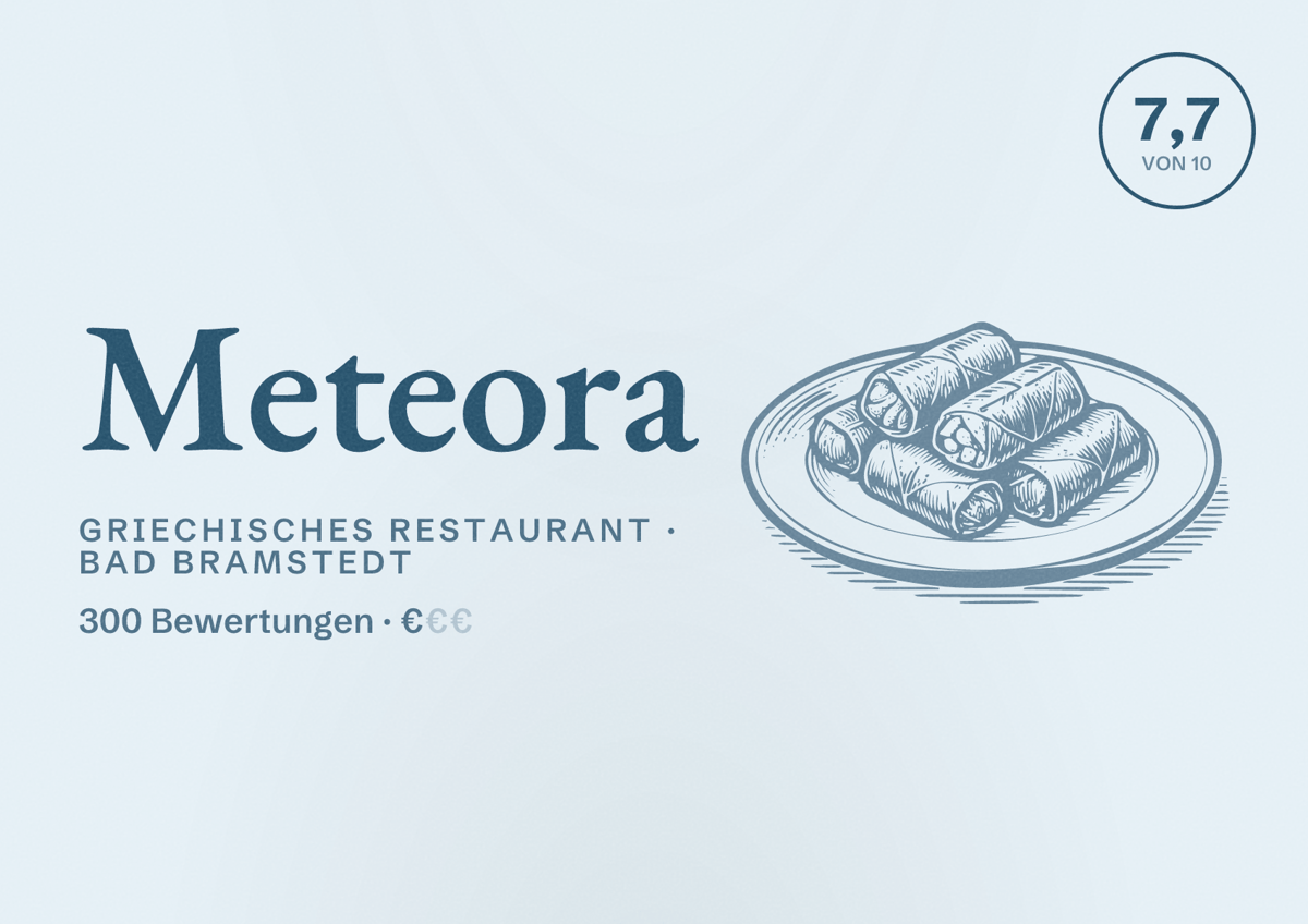 Illustriertes Poster von Meteora, Griechisches Restaurant in Bad Bramstedt: Bewertung 7,7 von 10 aus 300 Bewertungen, Preisniveau €