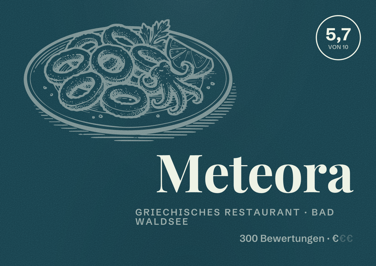 Illustriertes Poster von Meteora, Griechisches Restaurant in Bad Waldsee: Bewertung 5,7 von 10 aus 300 Bewertungen, Preisniveau €