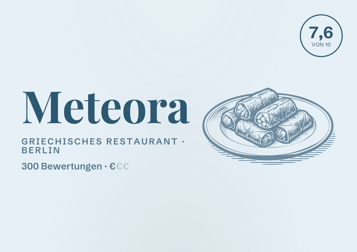 Illustriertes Poster von Meteora, Griechisches Restaurant in Berlin: Bewertung 7,6 von 10 aus 300 Bewertungen, Preisniveau €