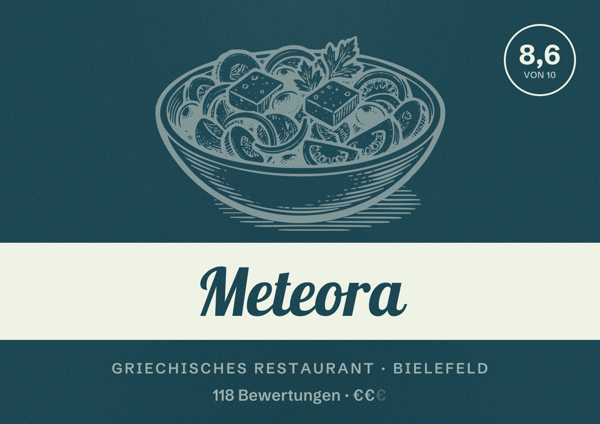 Illustriertes Poster von Meteora, Griechisches Restaurant in Bielefeld: Bewertung 8,6 von 10 aus 118 Bewertungen, Preisniveau €€