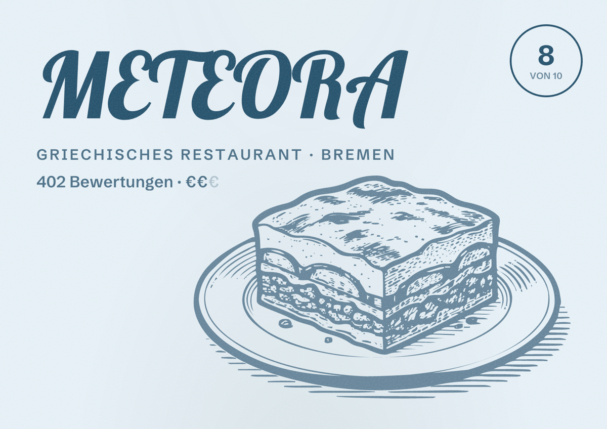 Illustriertes Poster von METEORA, Griechisches Restaurant in Bremen: Bewertung 8 von 10 aus 402 Bewertungen, Preisniveau €€