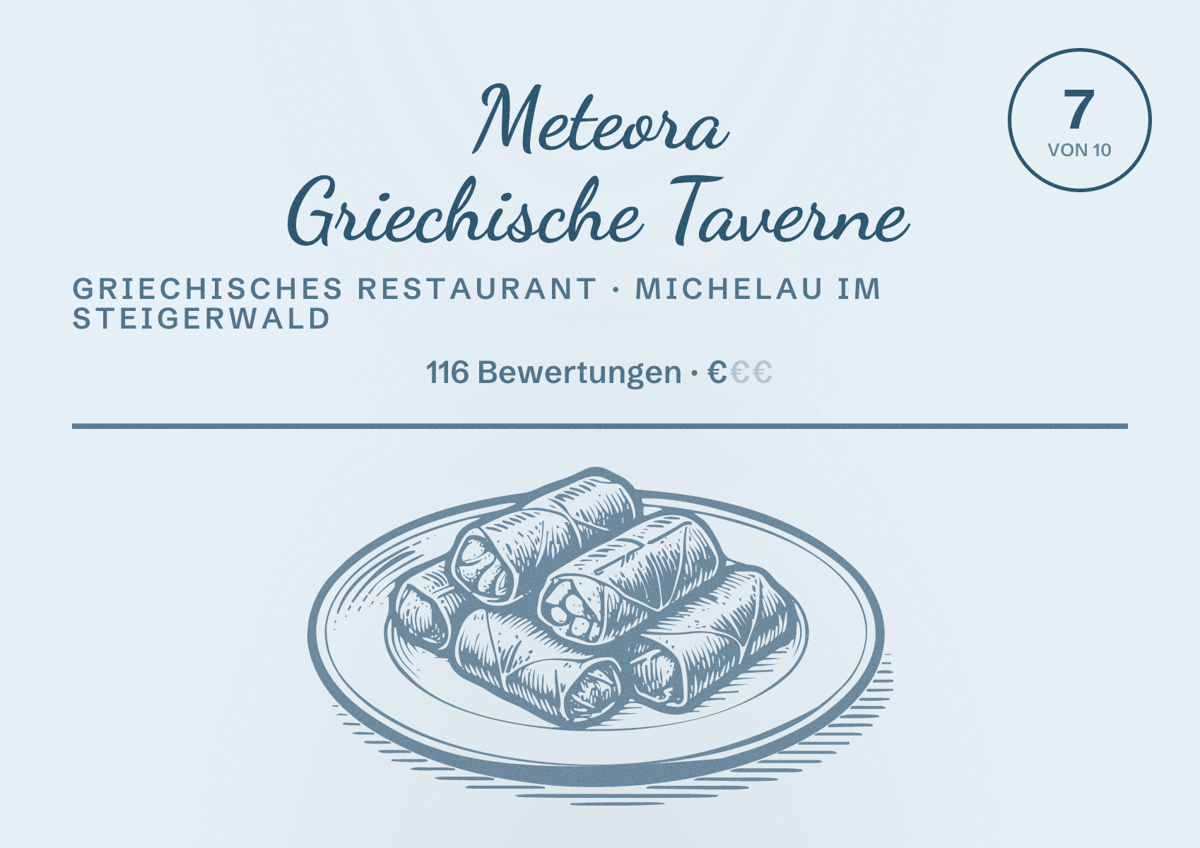 Illustriertes Poster von Meteora Griechische Taverne, Griechisches Restaurant in Michelau im Steigerwald: Bewertung 7 von 10 aus 116 Bewertungen, Preisniveau €