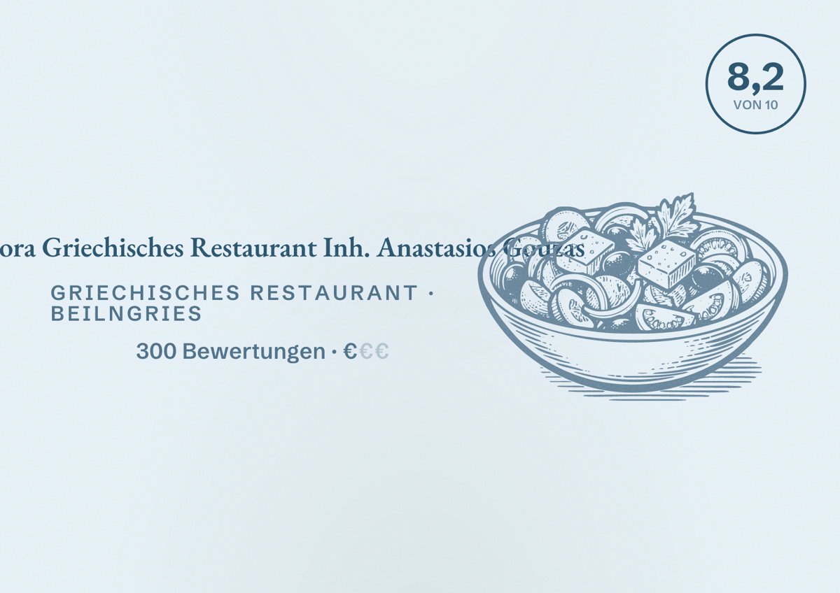 Illustriertes Poster von Meteora Griechisches Restaurant Inh. Anastasios Gouzas, Griechisches Restaurant in Beilngries: Bewertung 8,2 von 10 aus 300 Bewertungen, Preisniveau €