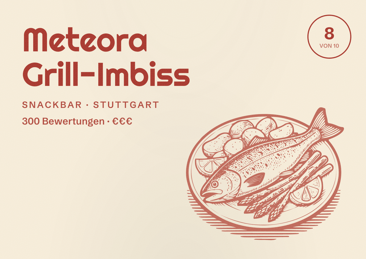 Illustriertes Poster von Meteora Grill-Imbiss, Snackbar in Stuttgart: Bewertung 8,0 von 10 aus 300 Bewertungen, Preisniveau €€€