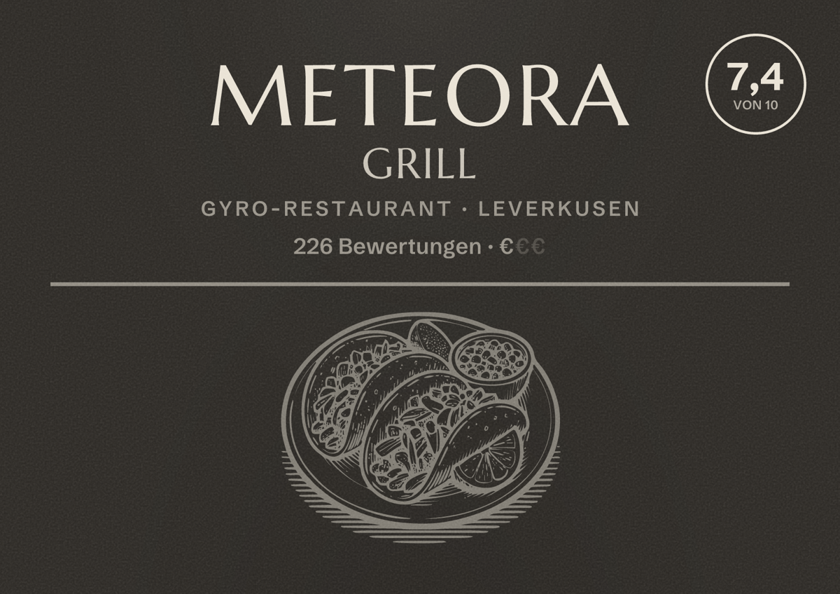 Illustriertes Poster von Meteora Grill, Gyro-Restaurant in Leverkusen: Bewertung 7,4 von 10 aus 226 Bewertungen, Preisniveau €