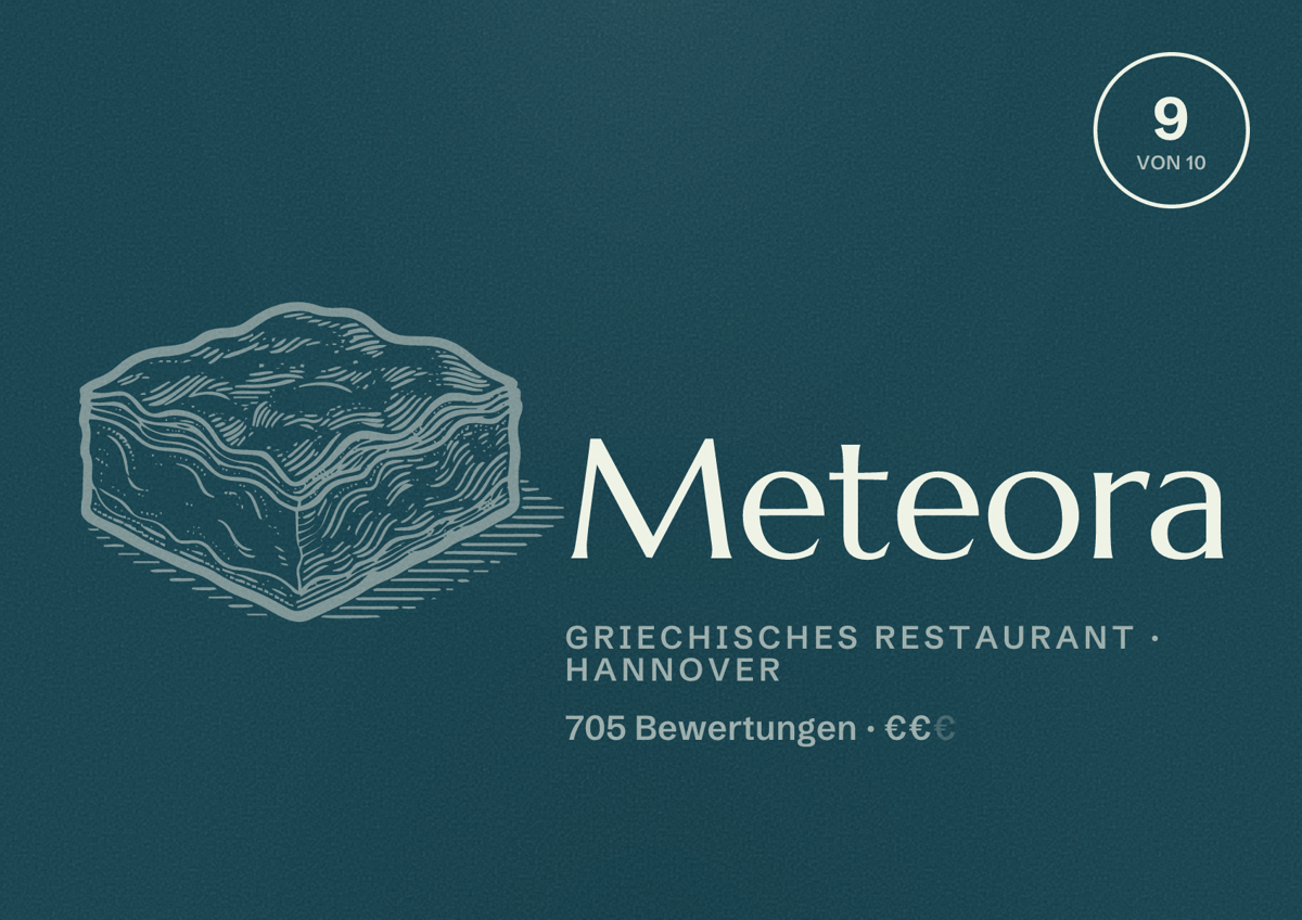 Illustriertes Poster von Meteora, Griechisches Restaurant in Hannover: Bewertung 9,0 von 10 aus 705 Bewertungen, Preisniveau €€