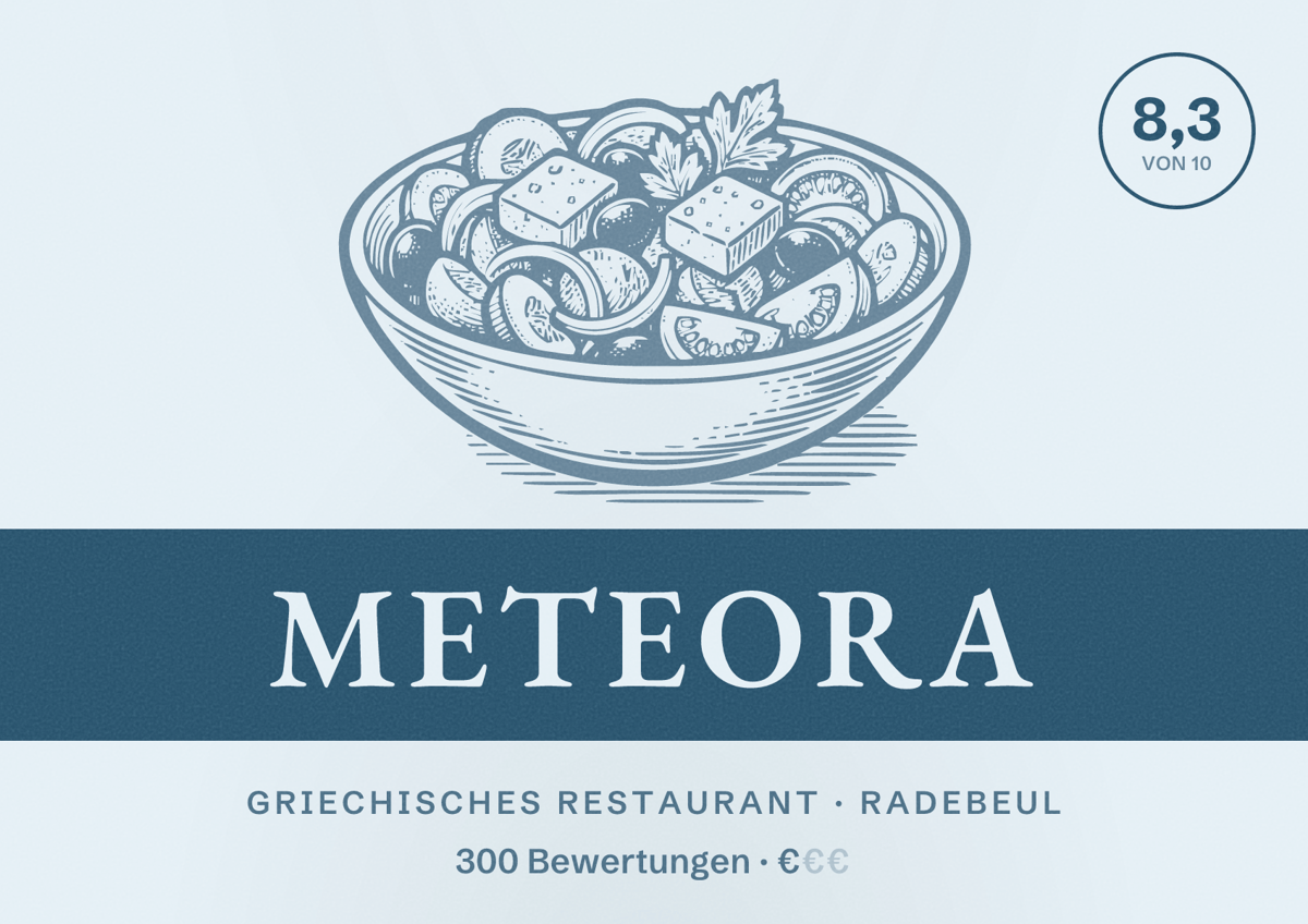 Illustriertes Poster von Meteora, Griechisches Restaurant in Radebeul: Bewertung 8,3 von 10 aus 300 Bewertungen, Preisniveau €