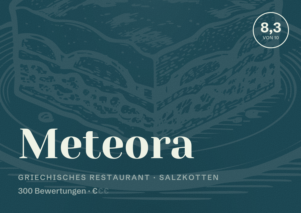 Illustriertes Poster von Meteora, Griechisches Restaurant in Salzkotten: Bewertung 8,3 von 10 aus 300 Bewertungen, Preisniveau €