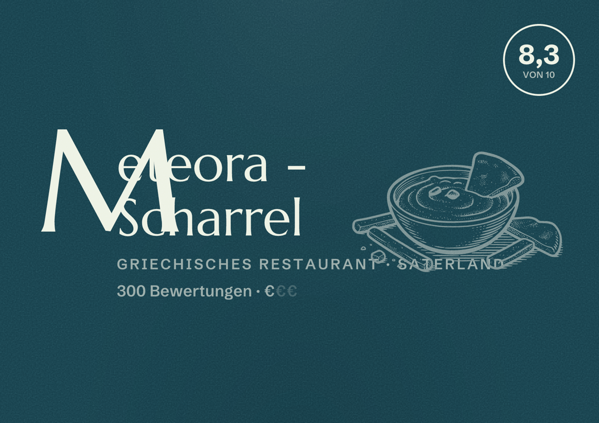 Illustriertes Poster von Meteora - Scharrel, Griechisches Restaurant in Saterland: Bewertung 8,3 von 10 aus 300 Bewertungen, Preisniveau €