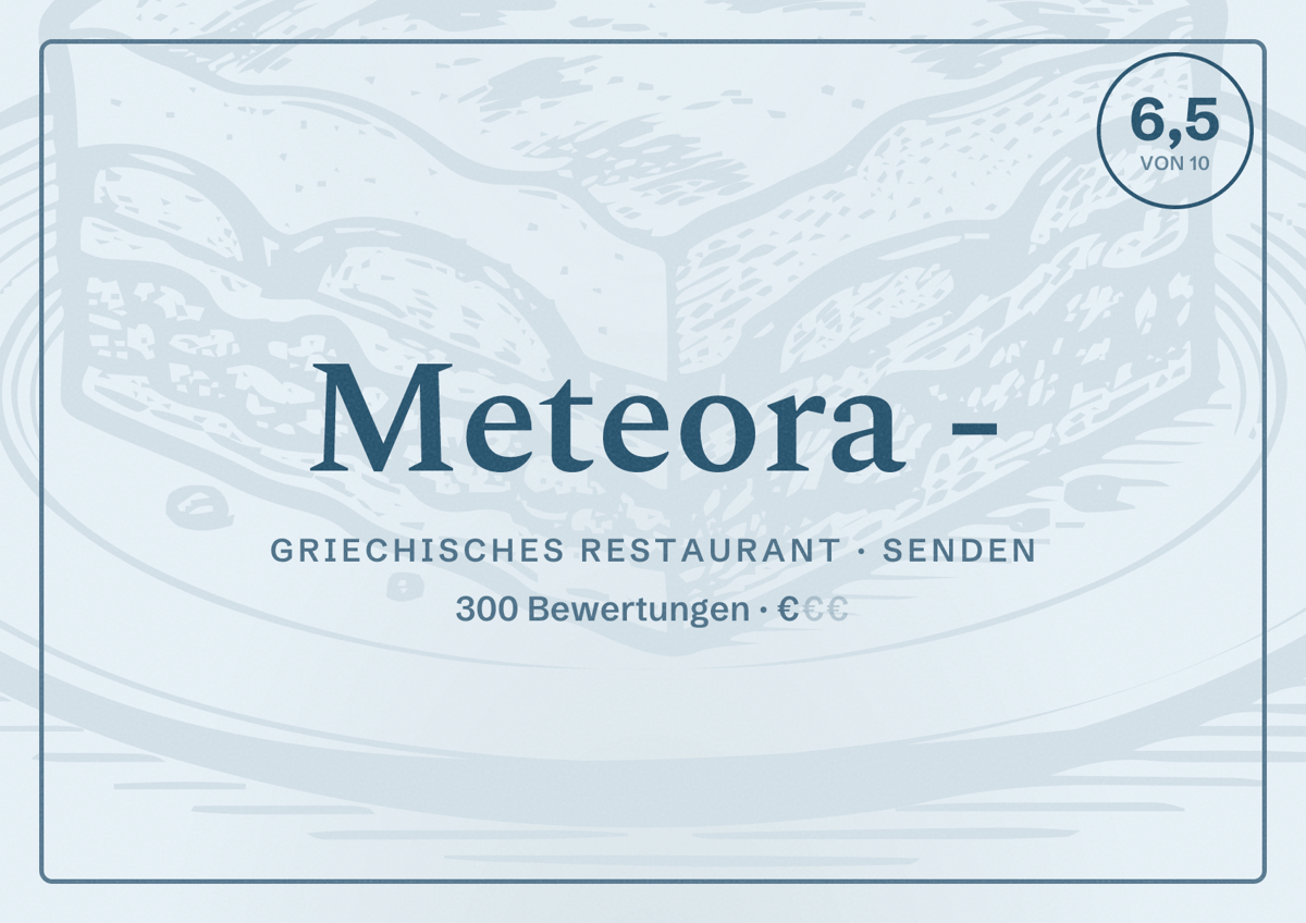 Illustriertes Poster von Meteora -, Griechisches Restaurant in Senden: Bewertung 6,5 von 10 aus 300 Bewertungen, Preisniveau €