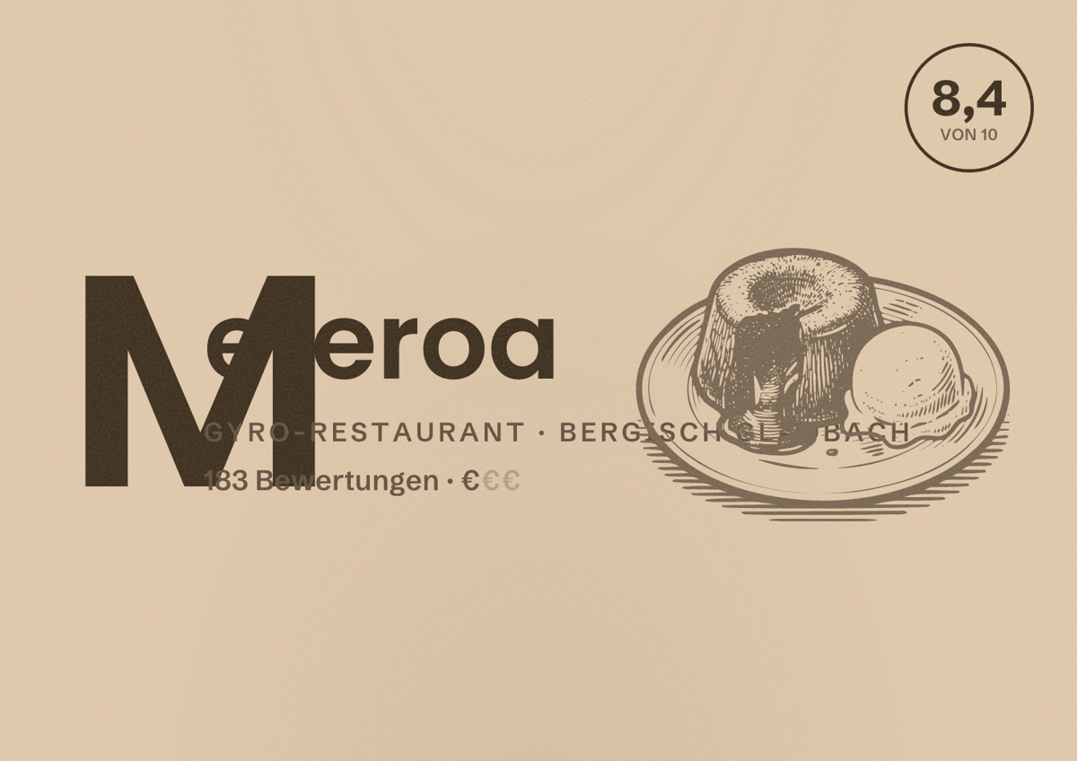 Illustriertes Poster von Meteroa, Gyro-Restaurant in Bergisch Gladbach: Bewertung 8,4 von 10 aus 183 Bewertungen, Preisniveau €