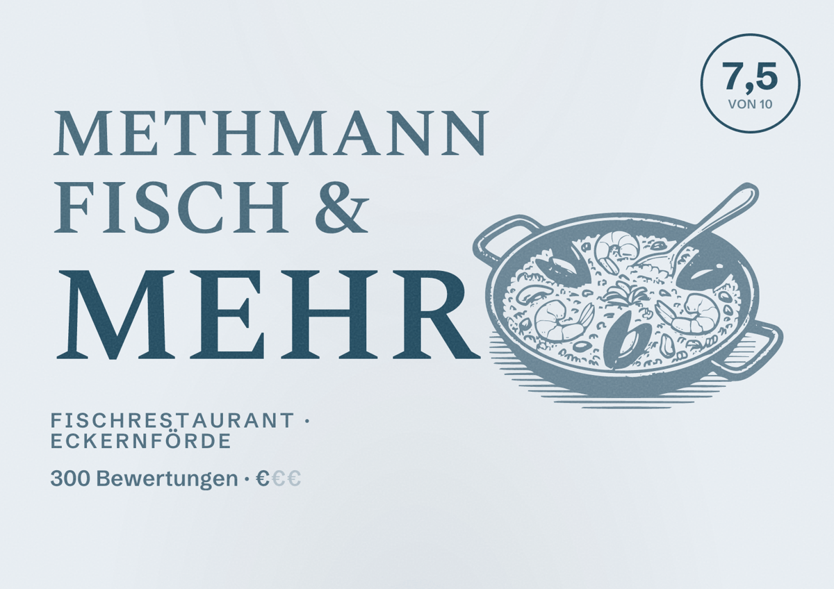 Illustriertes Poster von Methmann Fisch & Mehr, Fischrestaurant in Eckernförde: Bewertung 7,5 von 10 aus 300 Bewertungen, Preisniveau €
