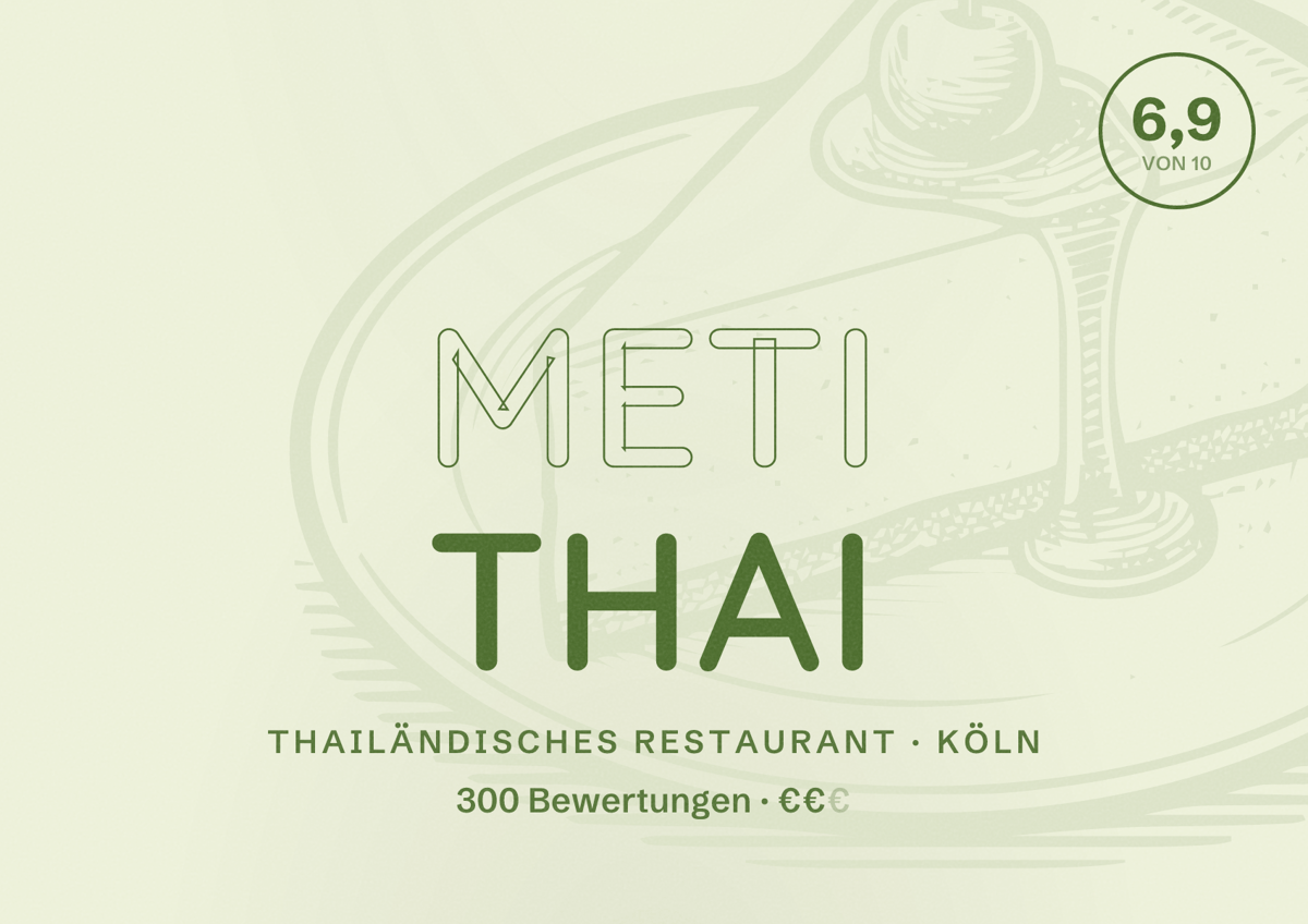 Illustriertes Poster von Meti Thai, Thailändisches Restaurant in Köln: Bewertung 6,9 von 10 aus 300 Bewertungen, Preisniveau €€