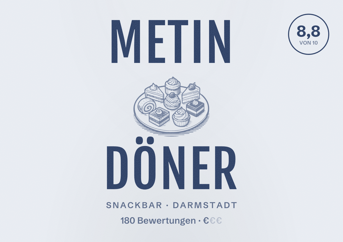 Illustriertes Poster von Metin Döner, Snackbar in Darmstadt: Bewertung 8,8 von 10 aus 180 Bewertungen, Preisniveau €