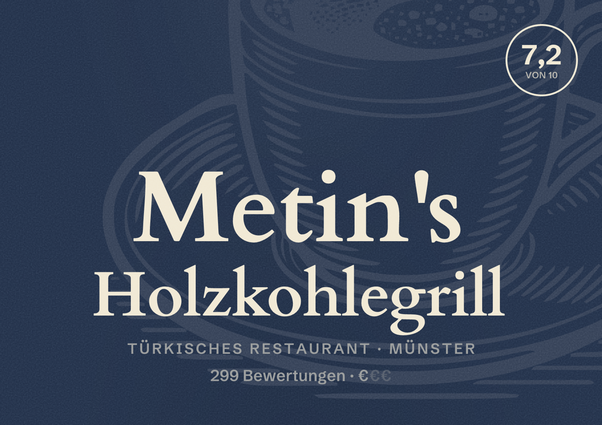 Illustriertes Poster von Metin's Holzkohlegrill, Türkisches Restaurant in Münster: Bewertung 7,2 von 10 aus 299 Bewertungen, Preisniveau €