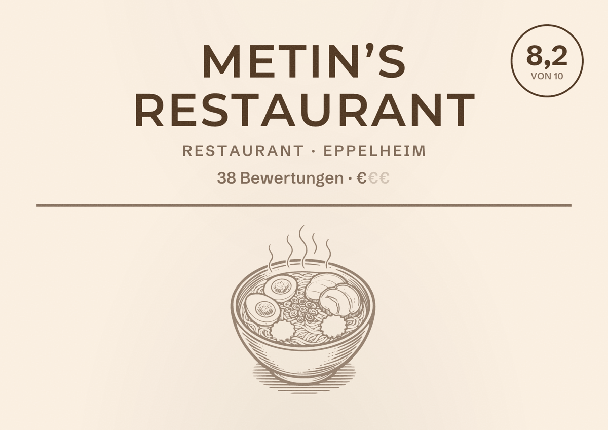 Illustriertes Poster von Metin’s Restaurant, Restaurant in Eppelheim: Bewertung 8,2 von 10 aus 38 Bewertungen, Preisniveau €