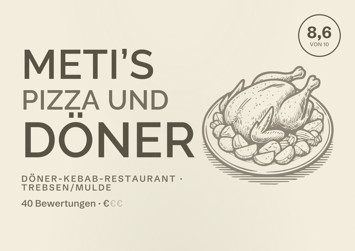 Illustriertes Poster von Meti’s Pizza und Döner, Döner-Kebab-Restaurant in Trebsen/Mulde: Bewertung 8,6 von 10 aus 40 Bewertungen, Preisniveau €
