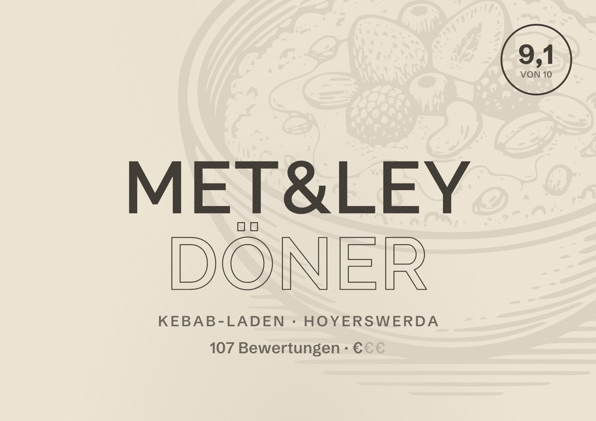 Illustriertes Poster von MET&LEY Döner, Kebab-Laden in Hoyerswerda: Bewertung 9,1 von 10 aus 107 Bewertungen, Preisniveau €