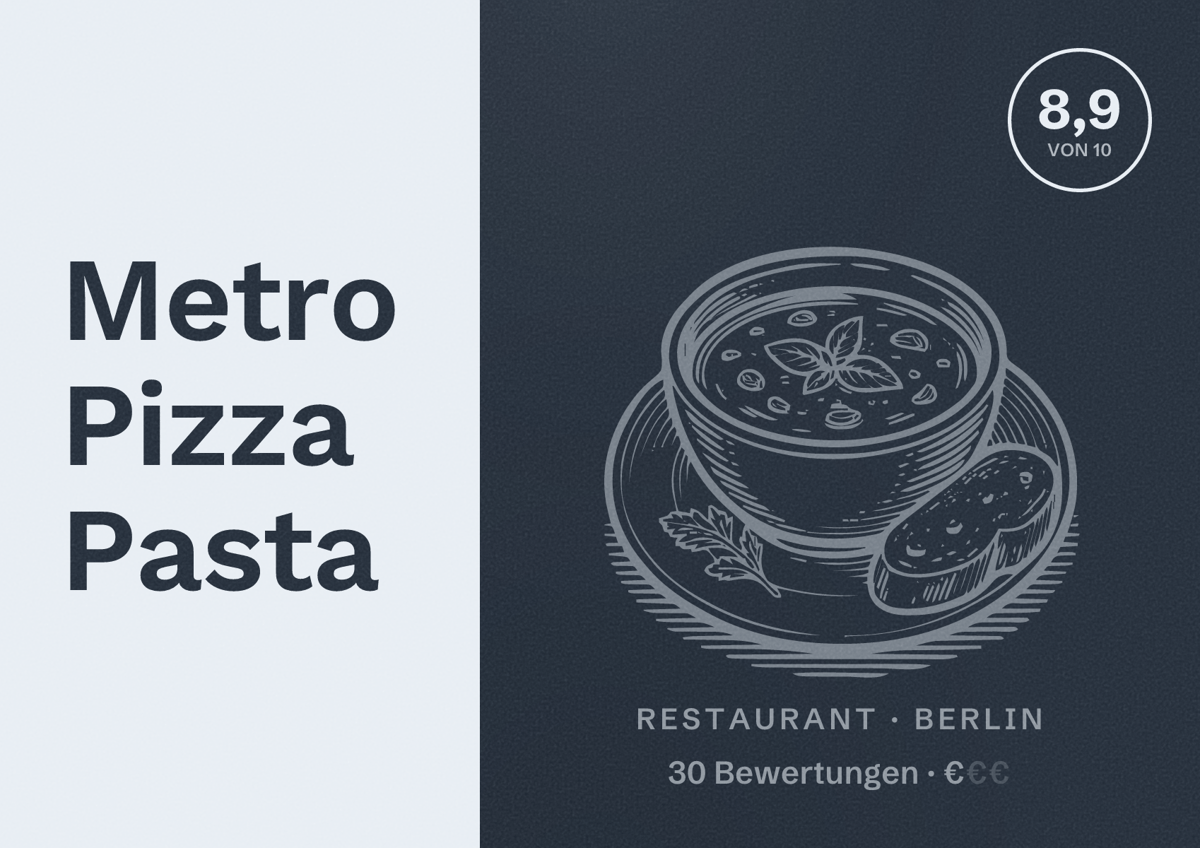 Illustriertes Poster von Metro Pizza Pasta, Restaurant in Berlin: Bewertung 8,9 von 10 aus 30 Bewertungen, Preisniveau €