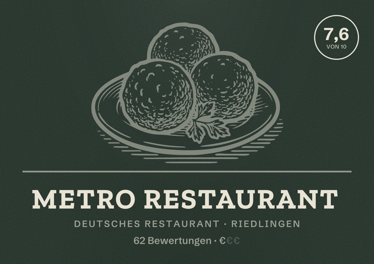 Illustriertes Poster von Metro Restaurant, Deutsches Restaurant in Riedlingen: Bewertung 7,6 von 10 aus 62 Bewertungen, Preisniveau €