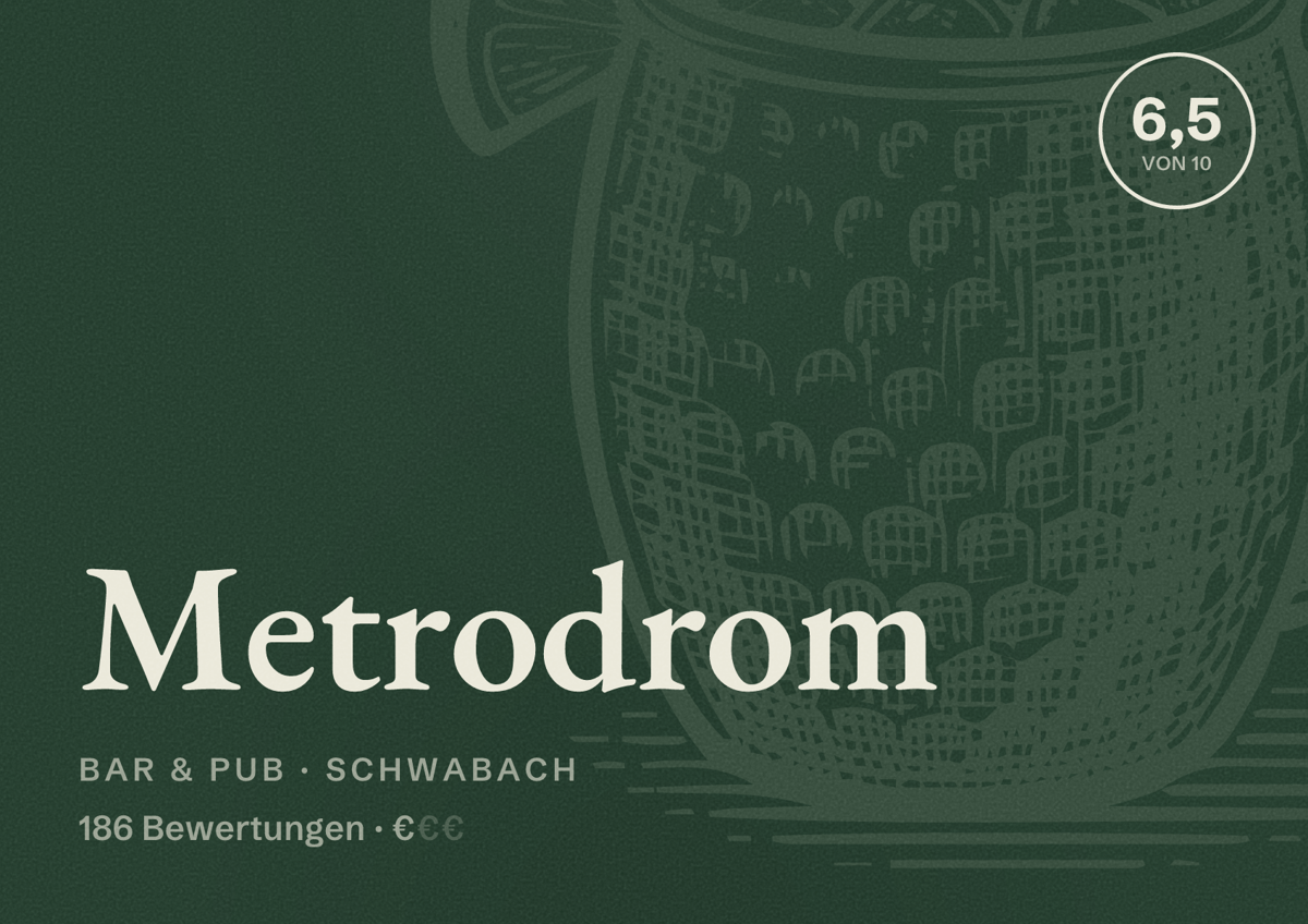 Illustriertes Poster von Metrodrom, Bar & Pub in Schwabach: Bewertung 6,5 von 10 aus 186 Bewertungen, Preisniveau €